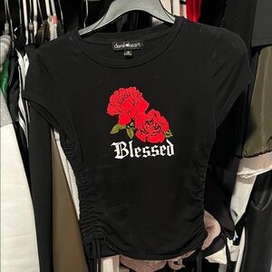 Derek Heart Black Tee with Red Rose and 'Blessed' Print